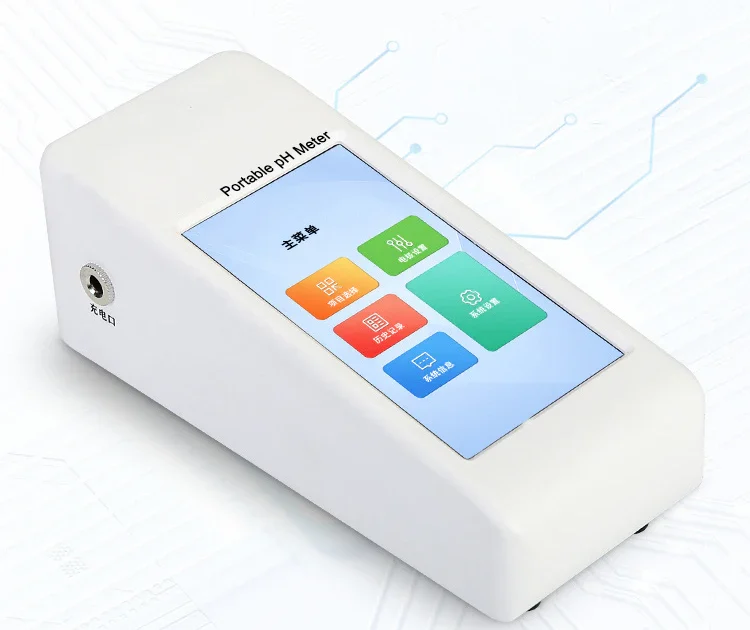 Medidor de pH portátil con pantalla táctil, que muestra el menú principal y las opciones de configuración.