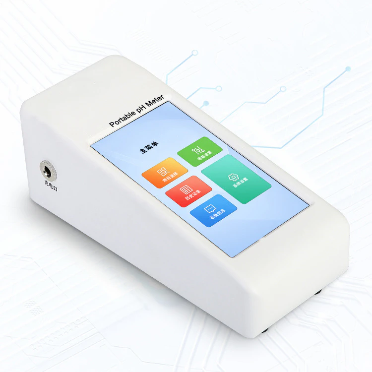 Portable pH meter with touchscreen, displaying the main menu and settings options.