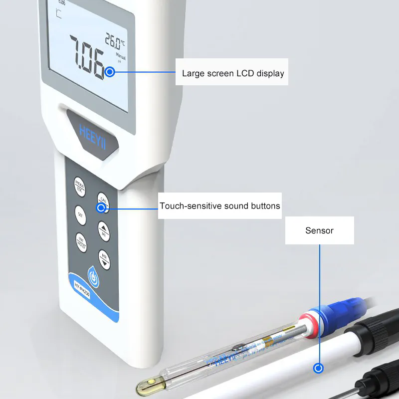 Digital pH meter with large LCD display, touch-sensitive buttons, and external pH electrode sensor for water quality measurement.