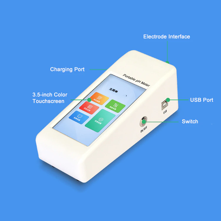 Portable pH meter showcasing its functional interfaces, including electrode interface and USB port.