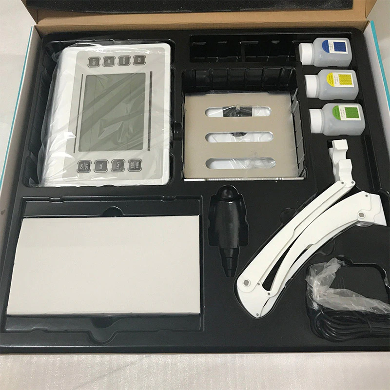 Electronic pH meter with a display screen and control buttons.