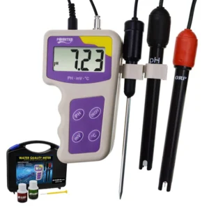 Handheld pH meter, suitable for water quality testing, with multiple functional buttons.