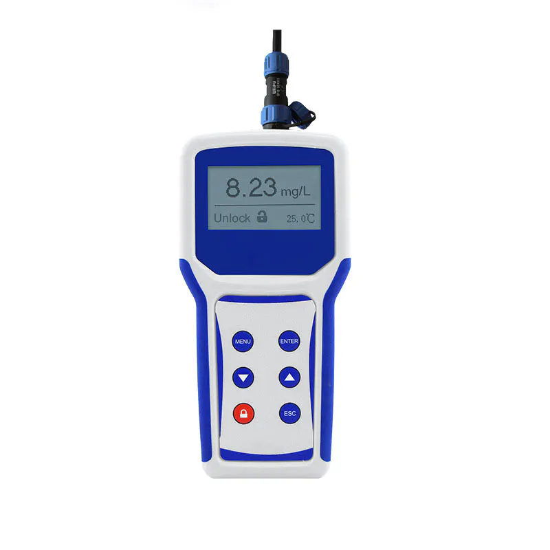 Portable handheld pH meter with probe attached showing 8.23 mg/L reading