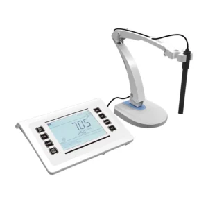 Lab pH meter with a display showing pH value and temperature.