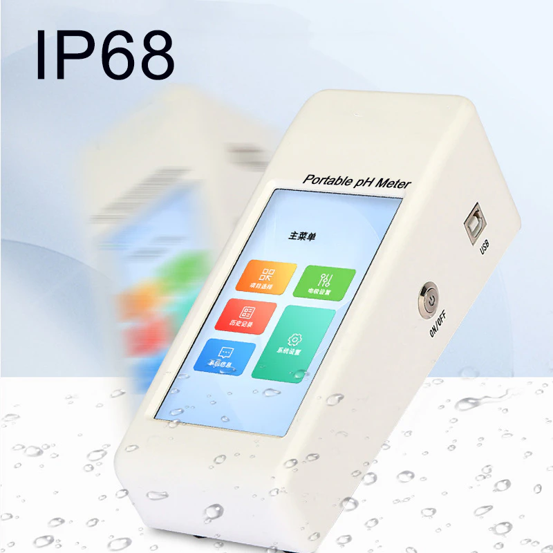 Portable pH meter, displaying the main menu and function buttons on the screen.