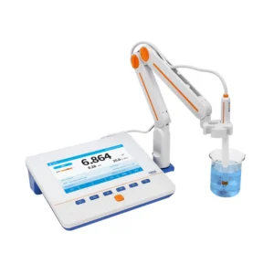 Benchtop pH meter, featuring a digital display showing pH value and temperature.