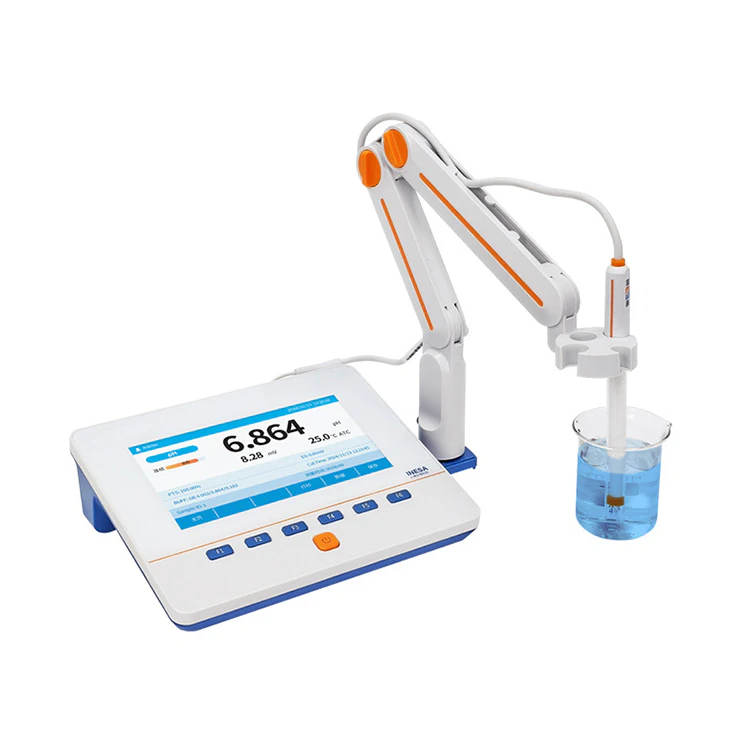 Benchtop pH meter, featuring a digital display showing pH value and temperature.
