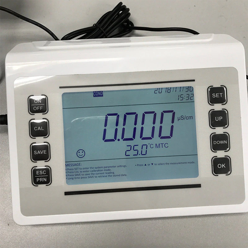 pH meter instrument with a large display showing pH value and temperature.