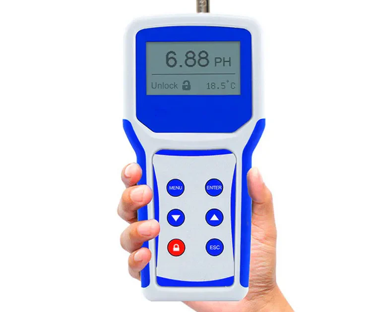 Medidor de pH digital portátil que muestra un valor de pH de 6,88