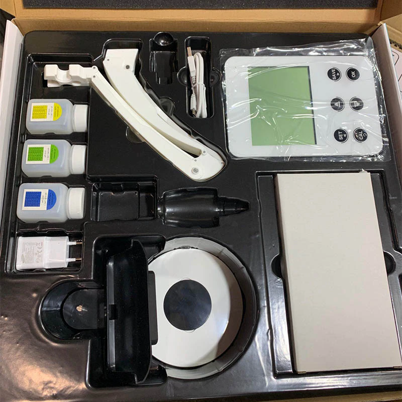 Water quality pH meter, displaying current pH value and temperature on the screen.