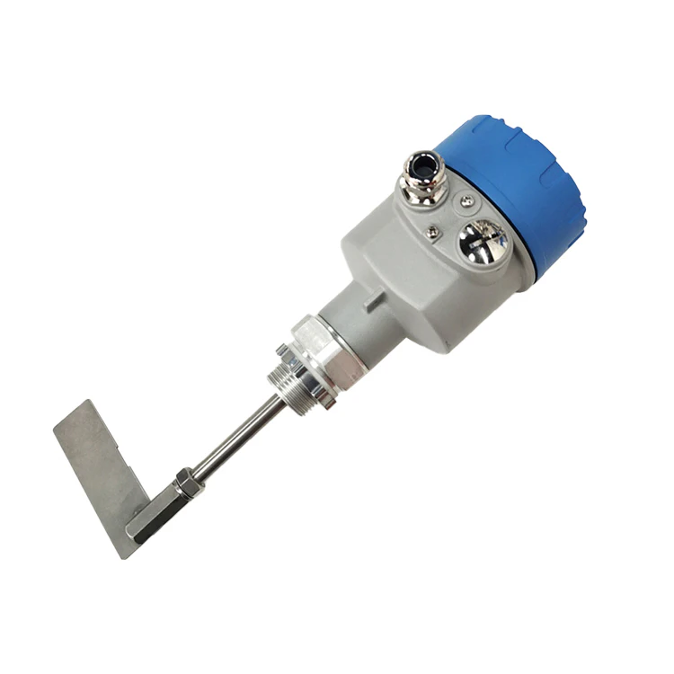Rotary paddle type level switch with a blue protective cover, metal probe structure, suitable for liquid level detection.