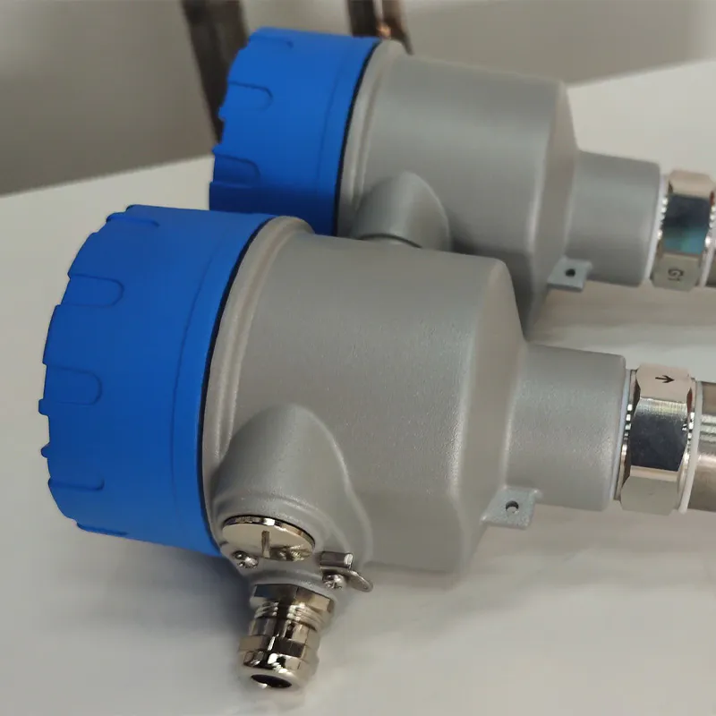 Close-up of tuning fork type level switch housing for industrial level measurement