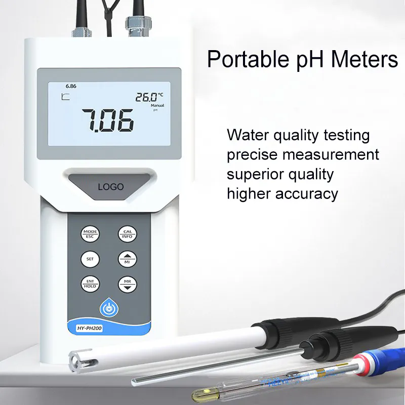 Portable pH meter display with pH and temperature measurement features, suitable for water quality testing.