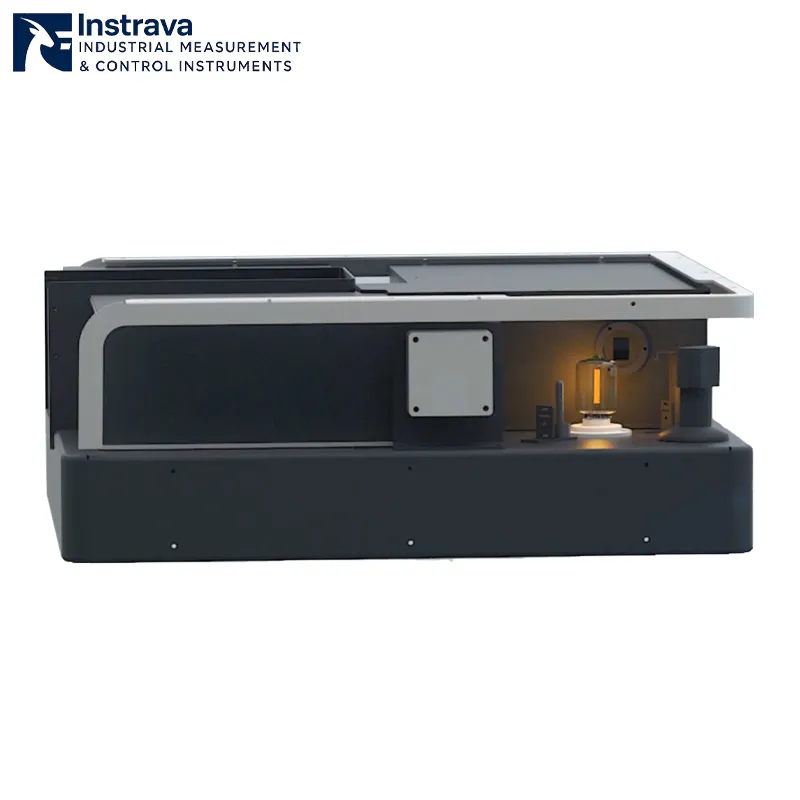 Side view of a double beam UV-visible spectrophotometer, showing the instrument's precise structure and optical path design.