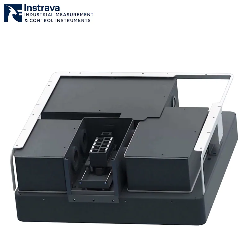 Top view of a double beam UV-visible spectrophotometer, showing the internal sample holder and detector layout.