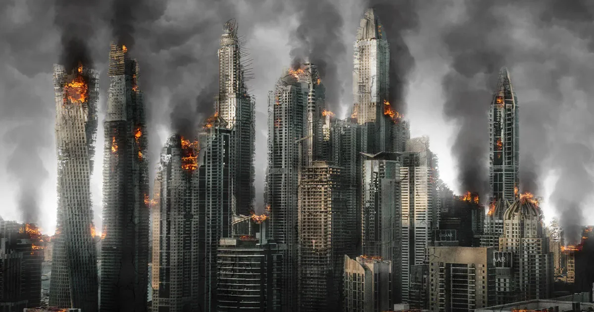 ตึกระฟ้าที่กำลังลุกไหม้พร้อมกับควันที่ลอยขึ้นในทิวทัศน์เมืองที่ถูกทำลายหลังจากภัยพิบัติ