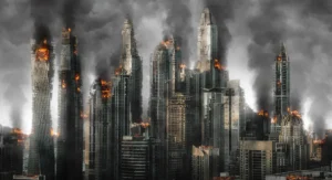 Gedung pencakar langit yang terbakar dengan asap mengepul di lanskap kota yang hancur setelah bencana