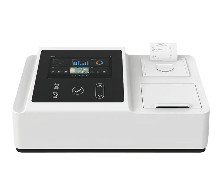 Alat analisis kualitas air laboratorium dengan tampilan layar sentuh, printer internal, dan ruang pengujian sampel.