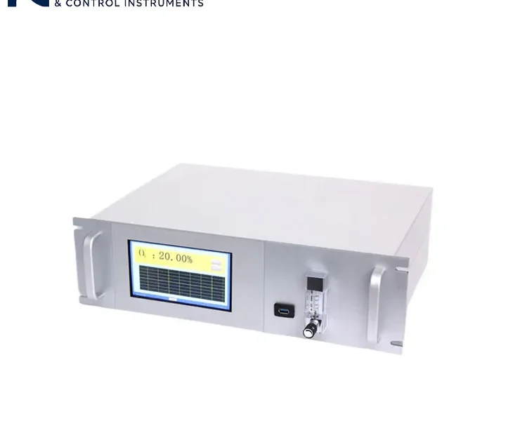 Panel kontrol penganalisis gas yang menunjukkan konsentrasi O₂ pada 20,00%.