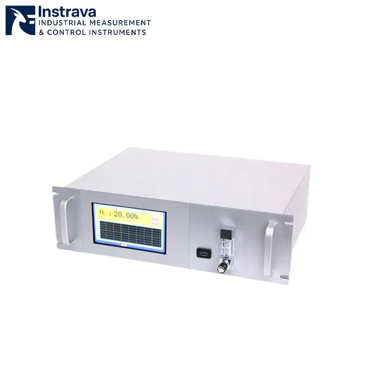 Panel de control del analizador de gases que muestra la concentración de O₂ a 20,00%.