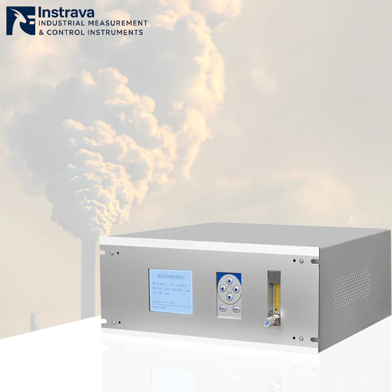 Industrial greenhouse gas analyzer used in monitoring emissions from smokestacks, illustrating its application in environmental compliance.