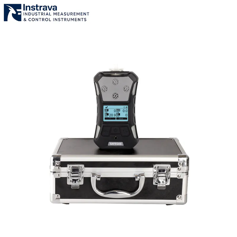 Industrial portable gas detector placed on protective instrument case for field gas monitoring.