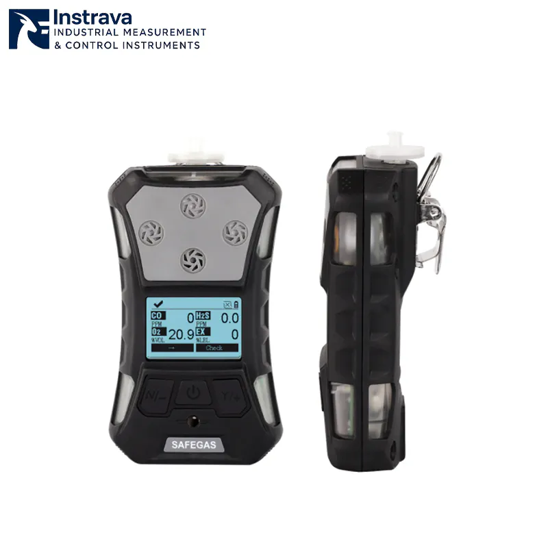 Portable four gas detector front and side view with digital display and industrial protective housing.
