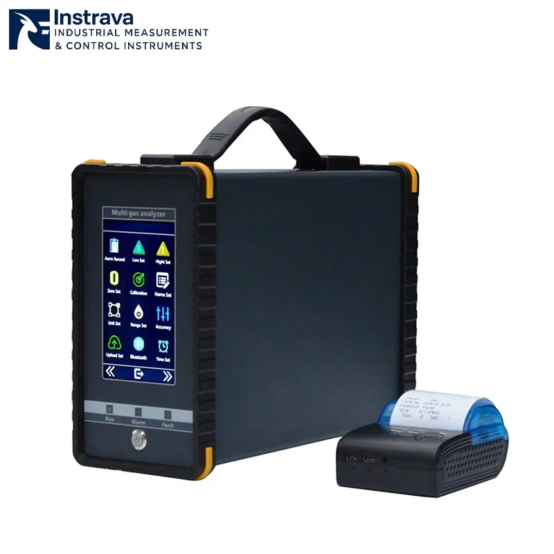 Multi-gas analyzer with display screen and portable printer, featuring a robust design