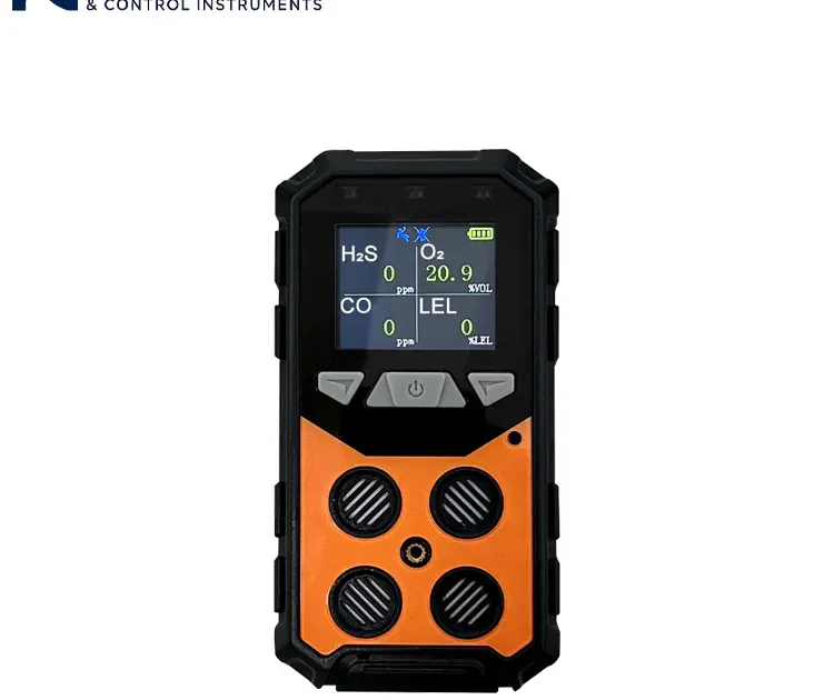 Detektor empat gas portabel dengan layar tampilan berwarna untuk mendeteksi oksigen, karbon monoksida, hidrogen sulfida, dan gas yang mudah terbakar.