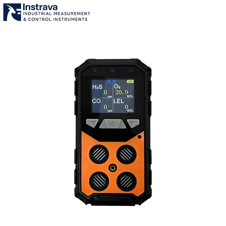 Portable four gas detector with color display screen for detecting oxygen, carbon monoxide, hydrogen sulfide, and combustible gases.