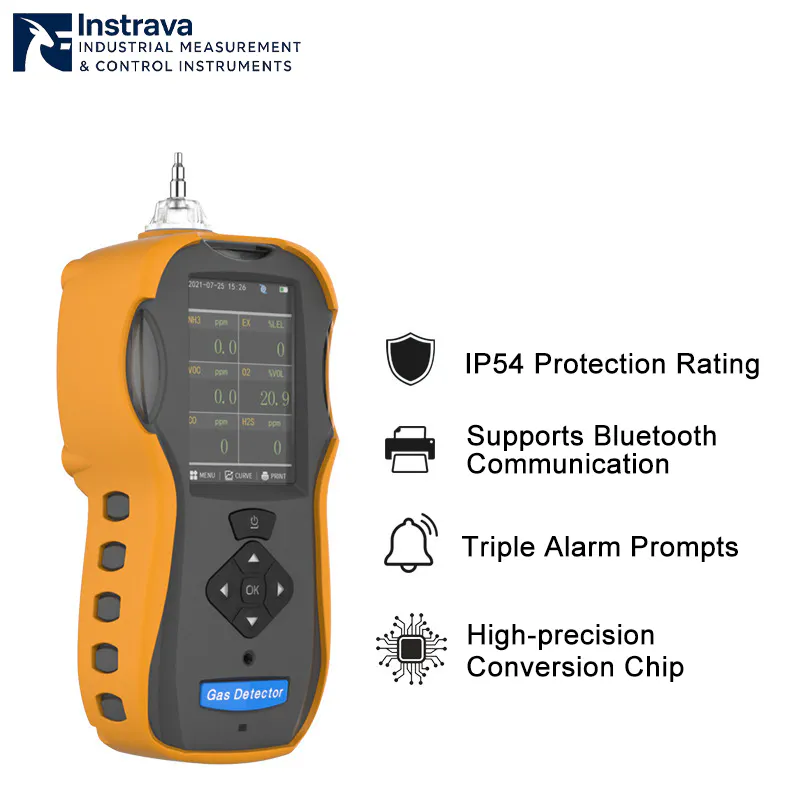 Portable gas detector with IP54 protection rating, Bluetooth communication, and multi-alarm function.