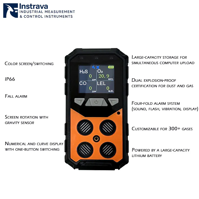 Industrial portable multi gas detector with IP66 protection rating and multiple alarm functions.