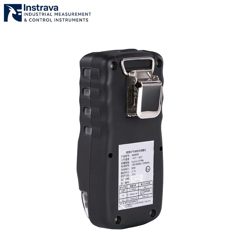 Industrial gas detector back view with metal clip for attaching to work clothing.