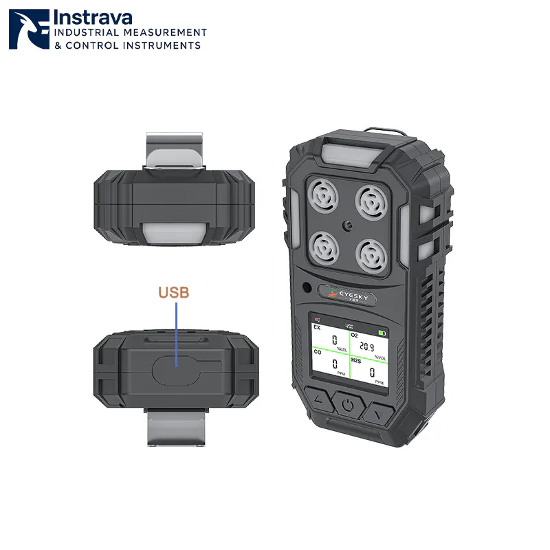 Portable multi-gas detector showing USB charging port and rear clip structure.