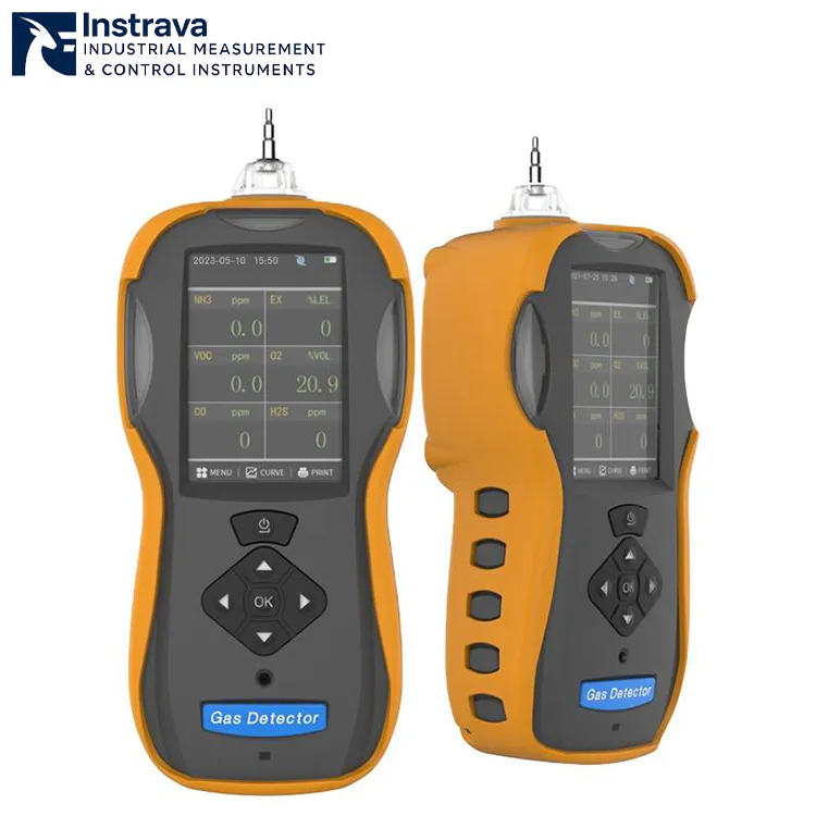 Industrial portable multi-gas detector front and side view with digital display and operation buttons.
