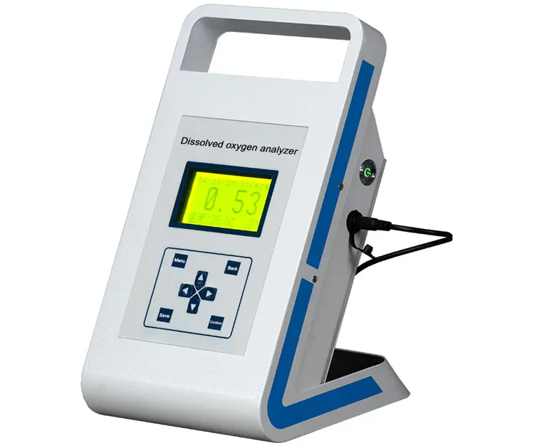 Analizador portátil de oxígeno disuelto con interfaz digital y sonda para medir la concentración de oxígeno en el agua, con pantalla LCD de fácil lectura