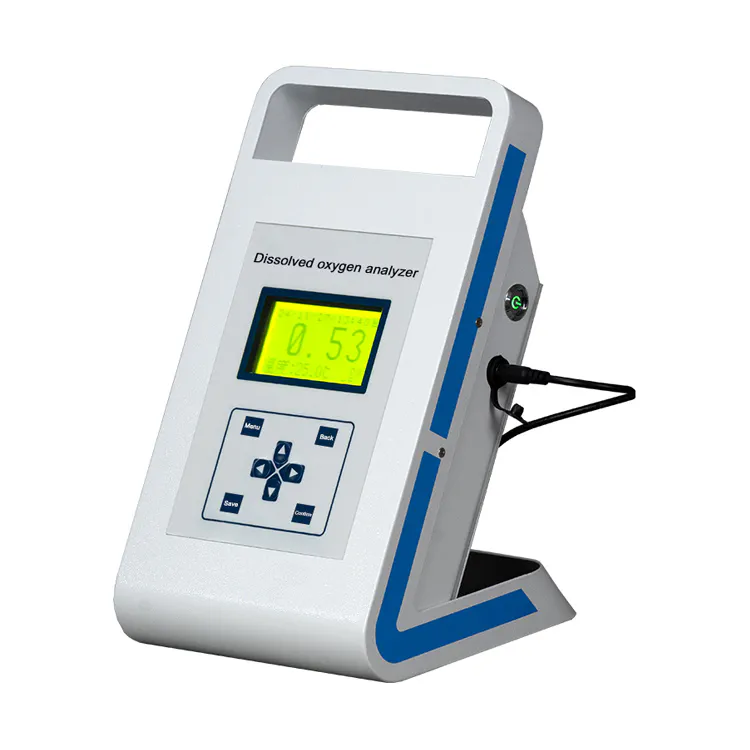 Portable dissolved oxygen analyzer with a digital interface and a probe for measuring oxygen concentration in water, featuring a clear LCD display for easy reading