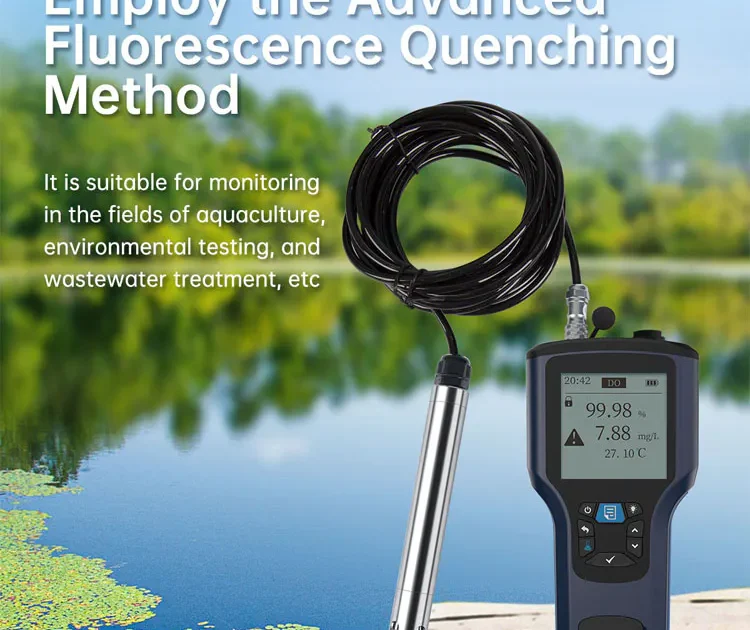 Medidor de oxígeno disuelto que emplea un método avanzado de extinción por fluorescencia, adecuado para el control en acuicultura, pruebas medioambientales y tratamiento de aguas residuales.