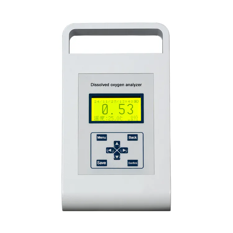Laboratory-grade dissolved oxygen meter with a digital display, designed for high-precision oxygen level measurement in laboratory settings.