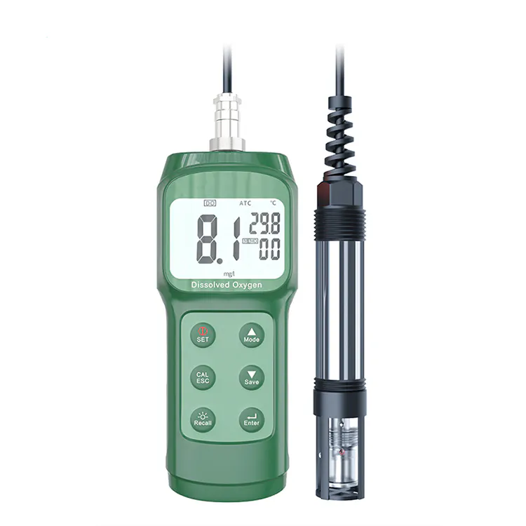 Medidor verde de oxígeno disuelto, que muestra la concentración de oxígeno y la temperatura, adecuado para pruebas de calidad del agua