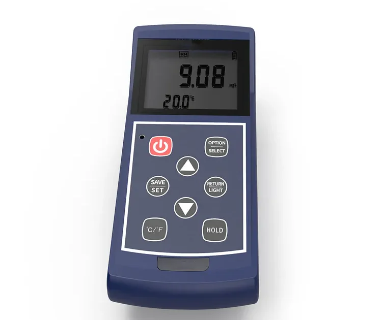 Medidor de oxígeno disuelto que muestra el contenido de oxígeno en el agua, con sonda incluida.