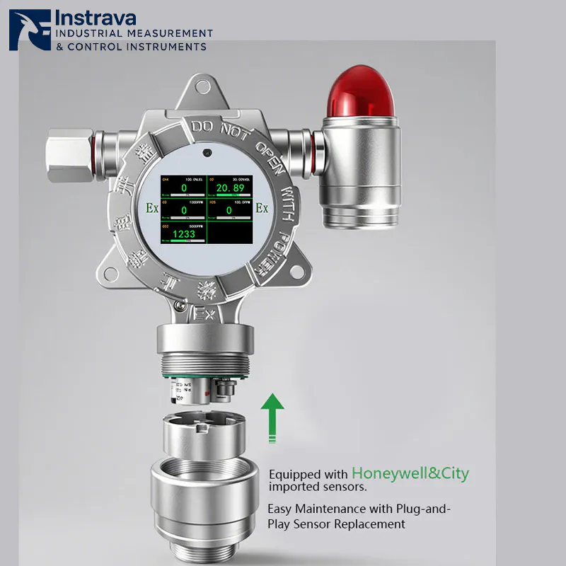 Fixed gas detector with plug in sensor module for industrial gas monitoring.
