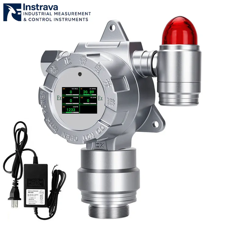 Industrial fixed gas detector with red alarm light for gas concentration monitoring.