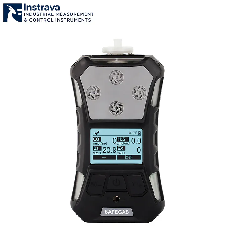 Industrial four gas detector with LCD display for real-time gas concentration monitoring.