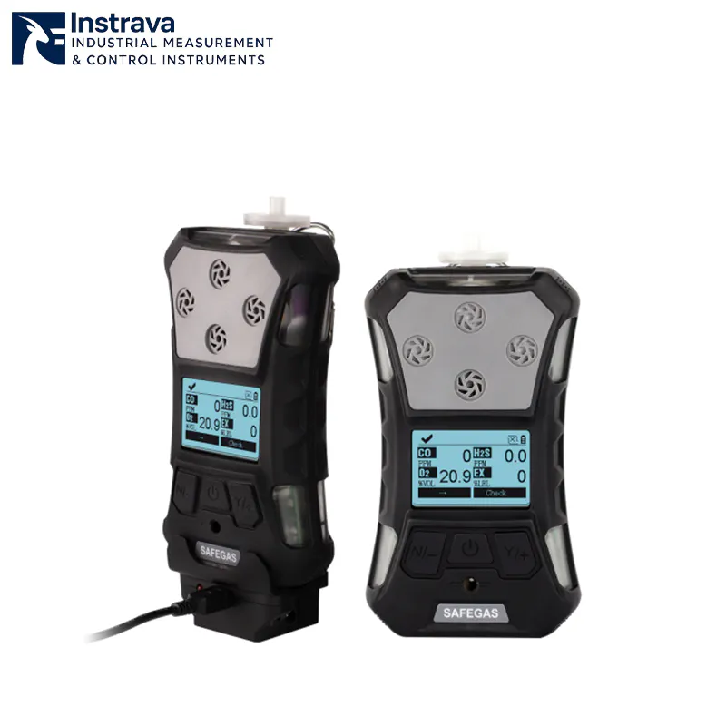Portable multi gas detector with docking station used for charging and maintenance of industrial gas detection equipment.