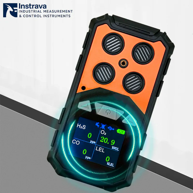 Handheld multi gas detector with circular visual alarm indicator for industrial gas detection.