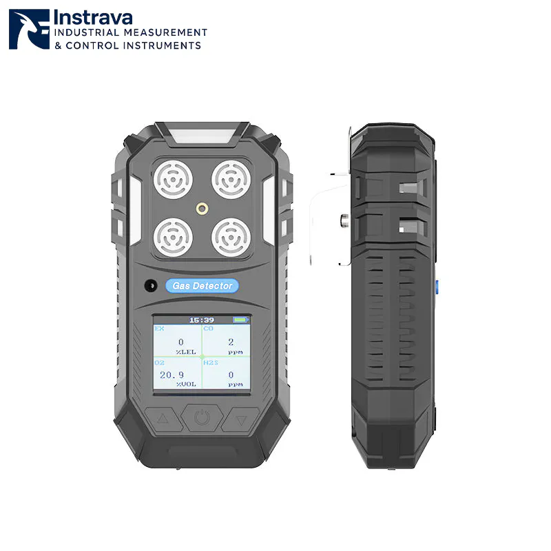 Industrial multi-gas detector front and side view with digital display and gas sensor inlets.