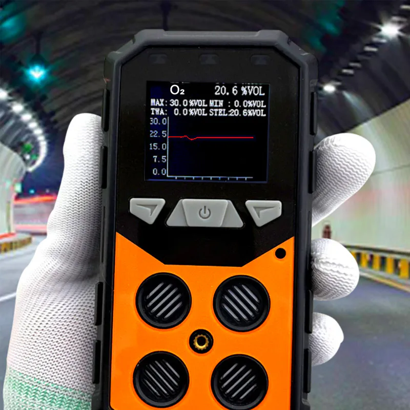 Handheld gas detector used for gas concentration monitoring in tunnel environments.