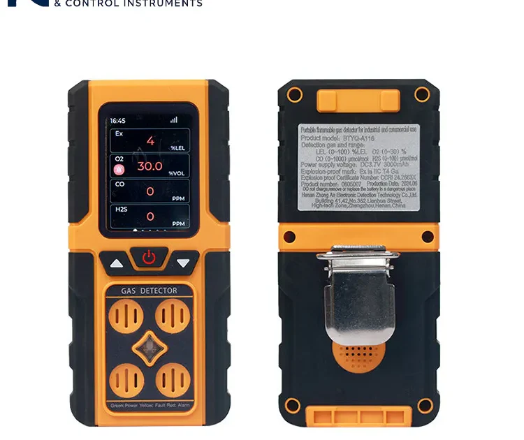 Detektor multi gas portabel tampak depan dan belakang dengan tampilan digital dan klip logam.