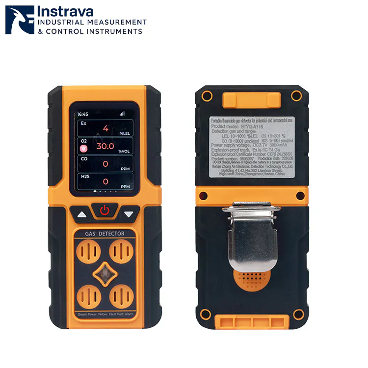 Portable multi gas detector front and back view with digital display and metal clip.
